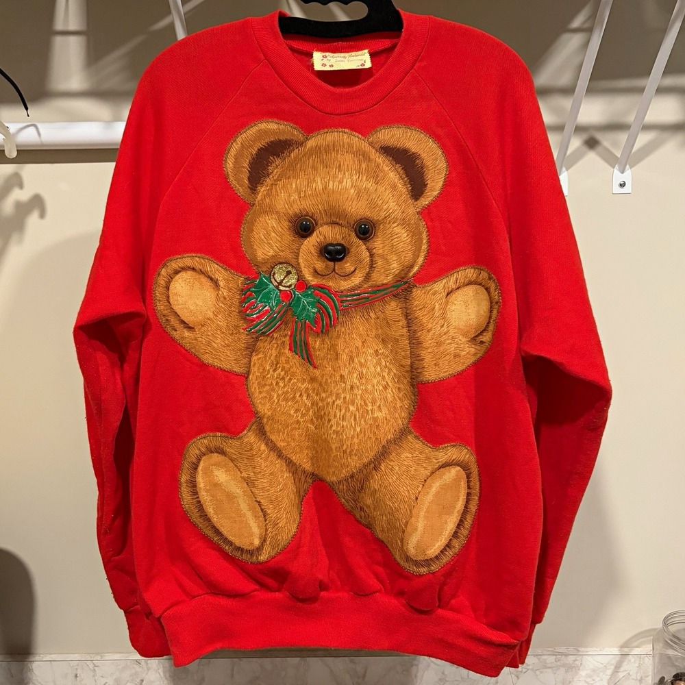 Vintage Teddy Bear Christmas Sweatshirt Size XL Stiched Appliqué Ugly Sweater